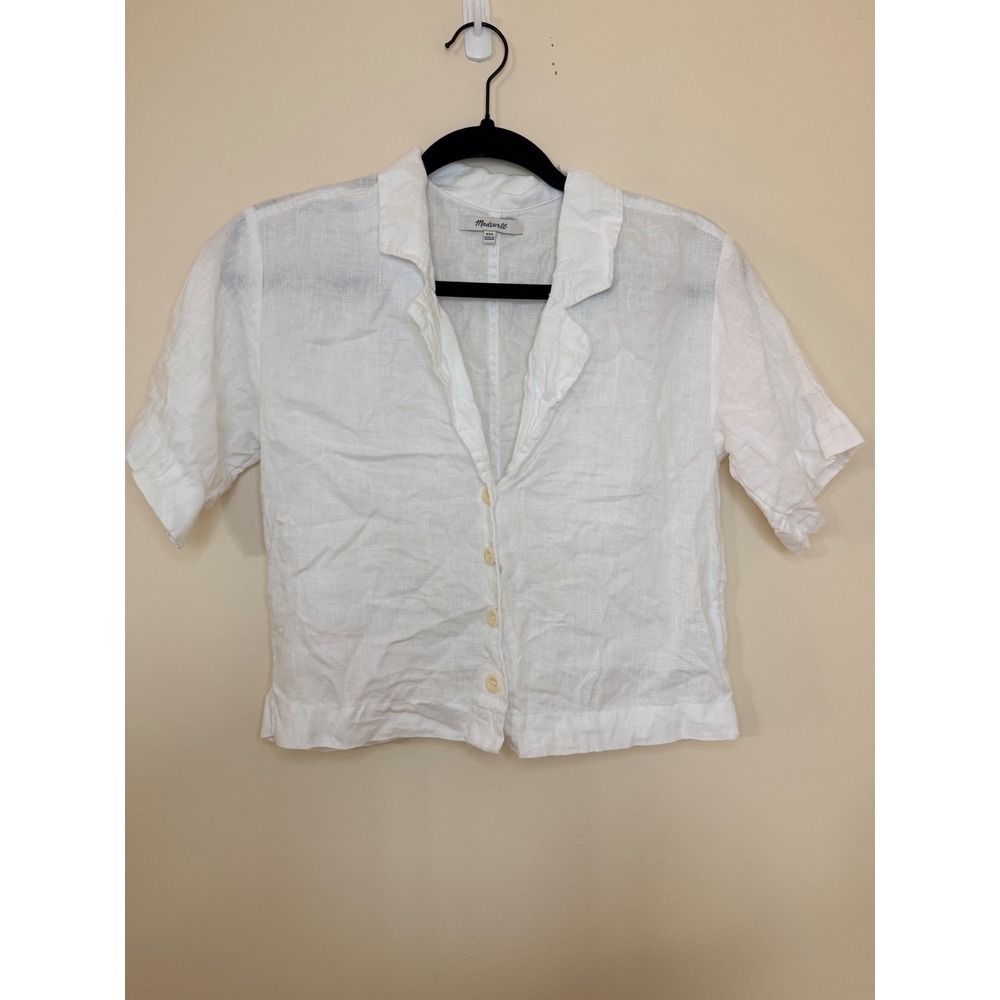 Madewell White 100% Linen Short Sleeve Button Down Notch Collar Shirt XXS